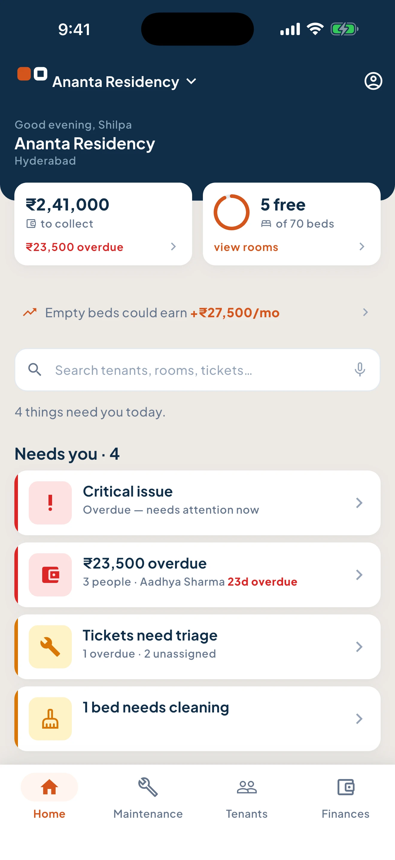 The hoopmo home screen, holding all of it in one place: rent to collect, free beds, and what needs attention today.