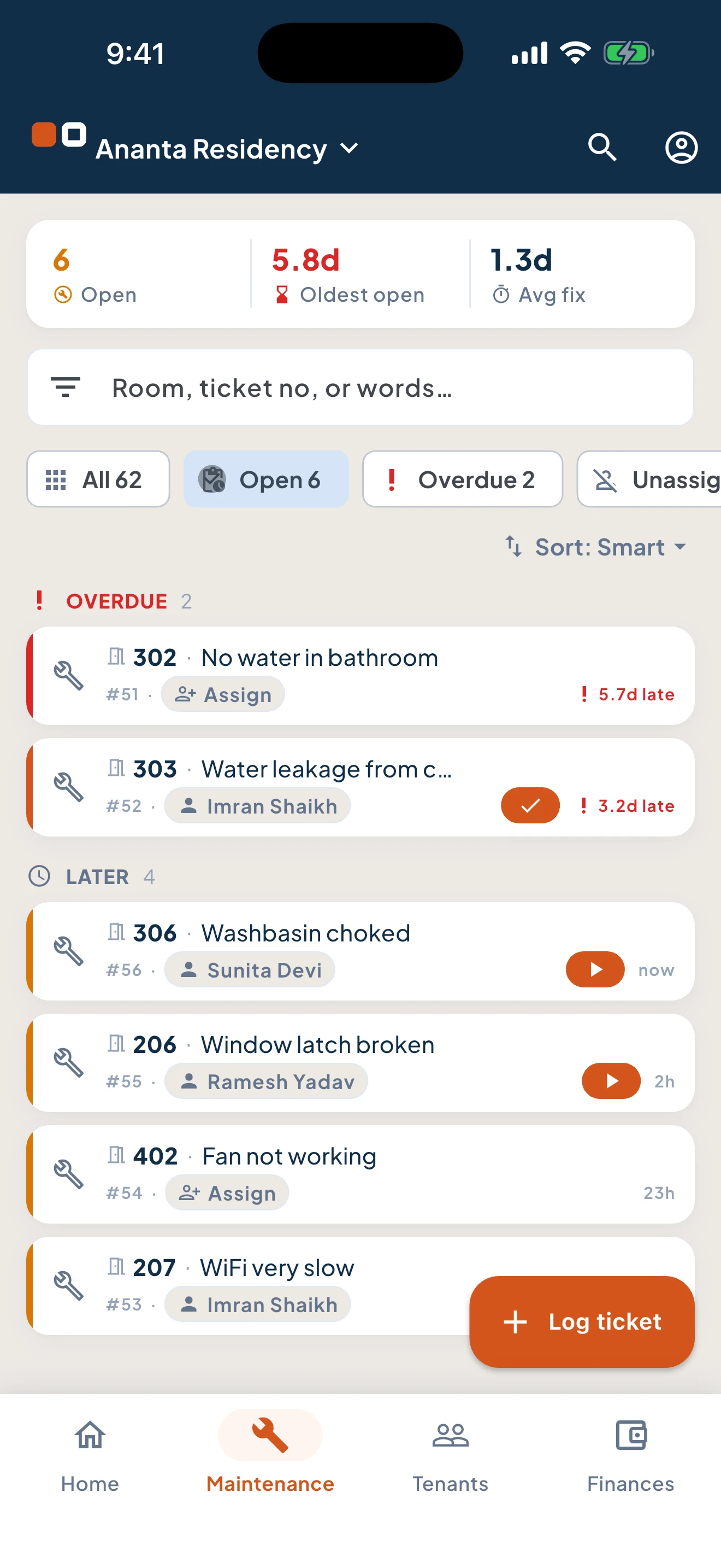 The maintenance list: open tickets with room number, priority and who they are assigned to.