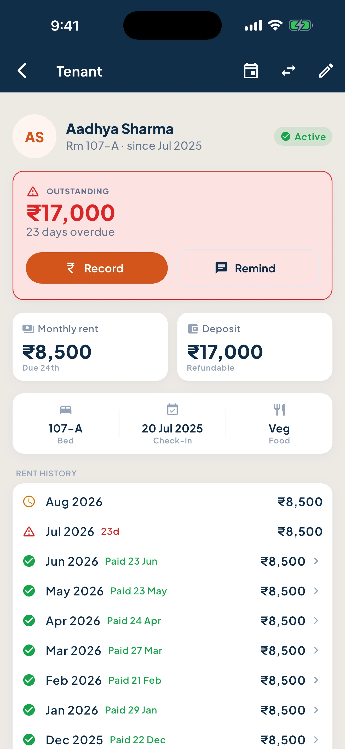 A tenant ledger: rent and deposit entries listed by date with a running balance.